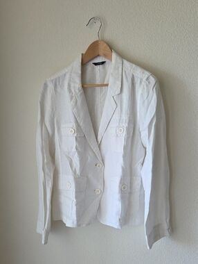 J. Crew White 100% Linen Blazer 2 button closure Sz M Lightweight Flowy Resort